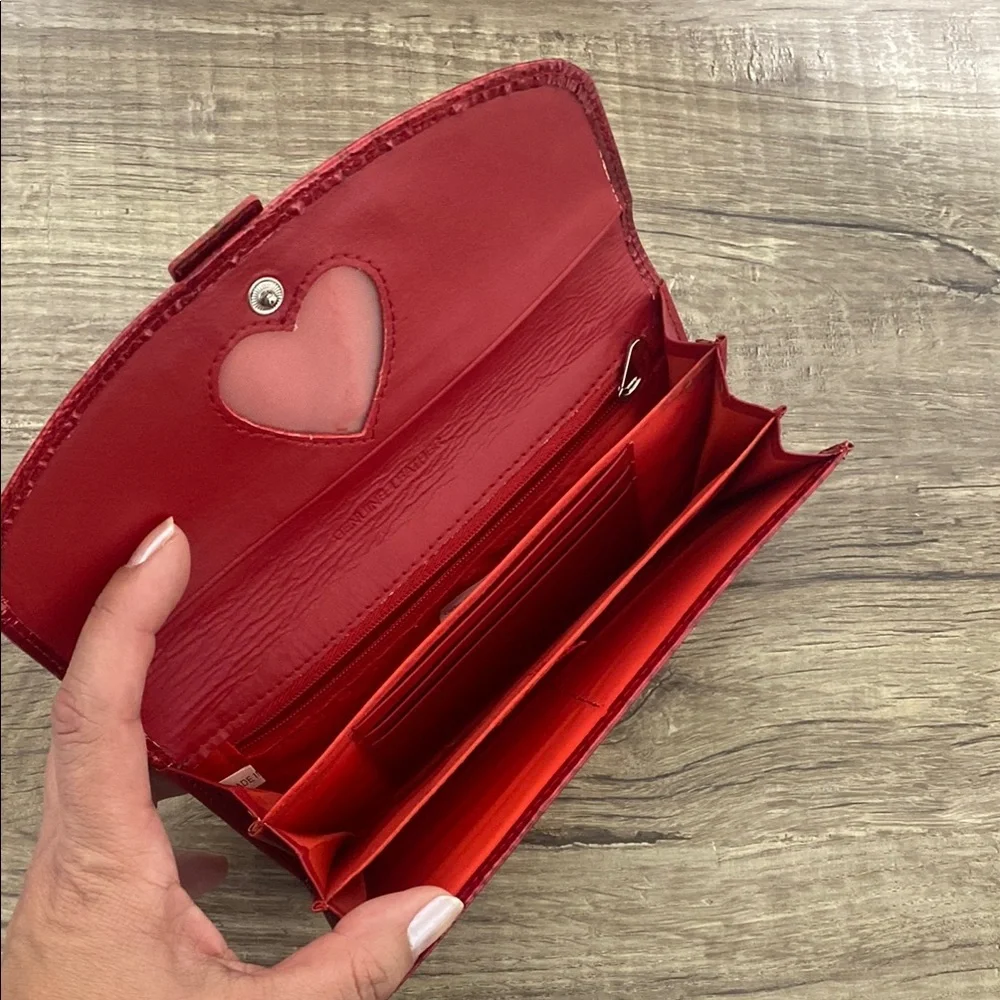 Elegant Red Crocodile Wallet with Silver Clasp